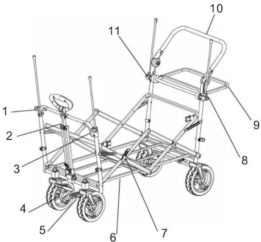 Technical diagram of a wheeled cart with numbered parts labeled for identification.