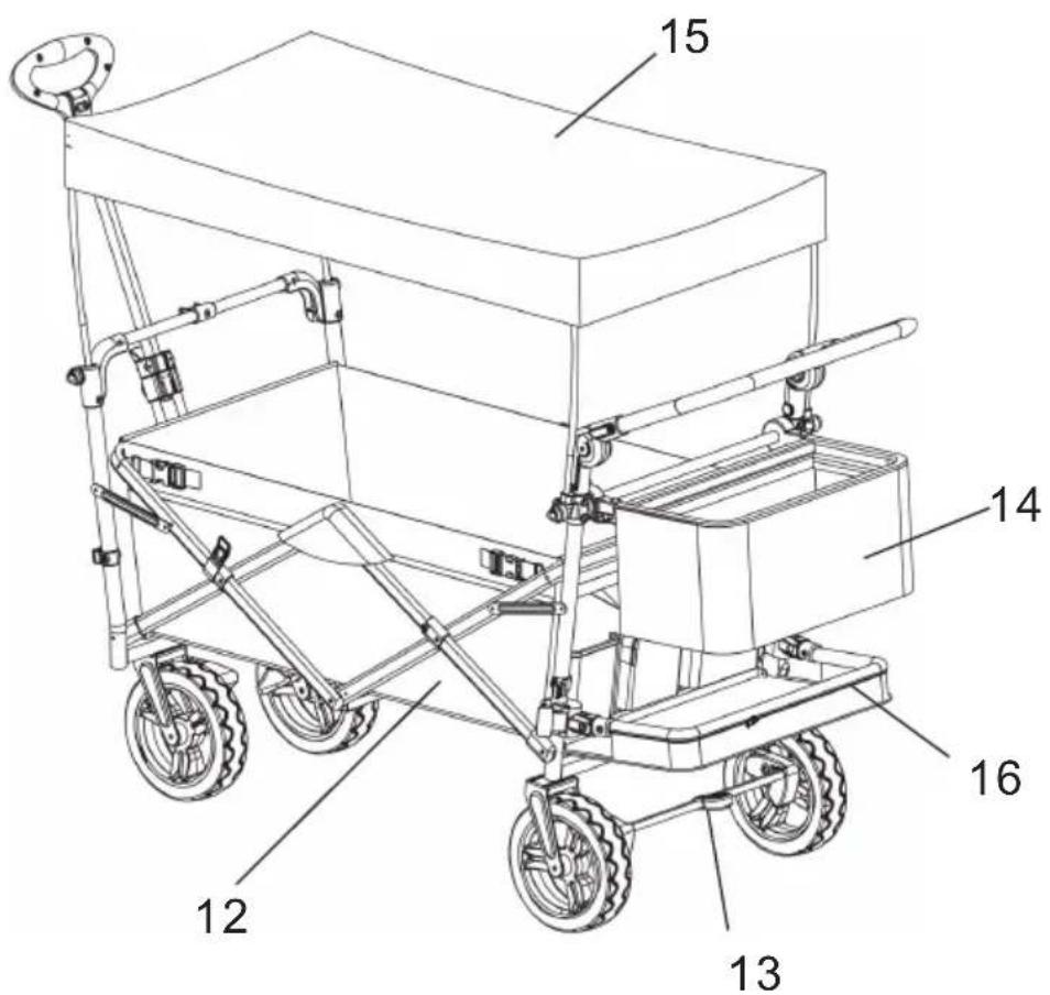 Technical diagram of a multi-wheeled cart with numbered parts labeled 12 through 16