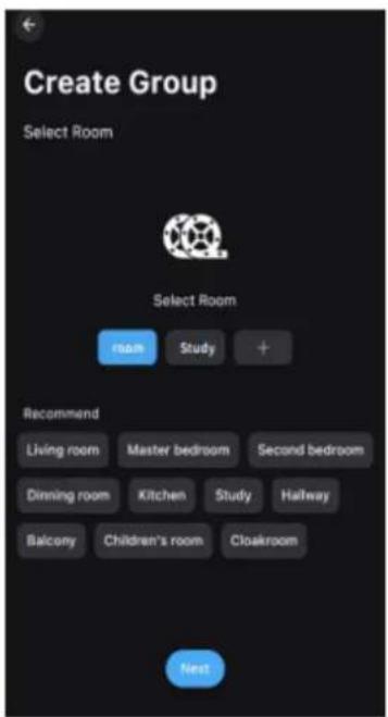 Create Group Select Room Select Room Room Study + Recommend Living room Master bedroom Second bedroom Dining room Kitchen Study Halfway Balcony Children's room Cloakroom Next