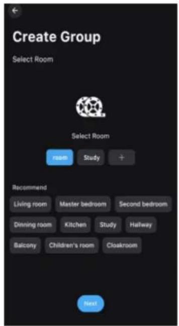 Create Group Select Room Select Room room Study + Recommend Living room Master bedroom Second bedroom Dinning room Kitchen Study Hallway Balcony Children's room Cloakroom Next