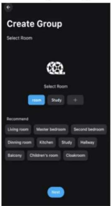 Create Group Select Room Select Room room Study + Recommend Living room Master bedroom Second bedroom Dinning room Kitchen Study Hallway Balcony Children's room Cloakroom Next