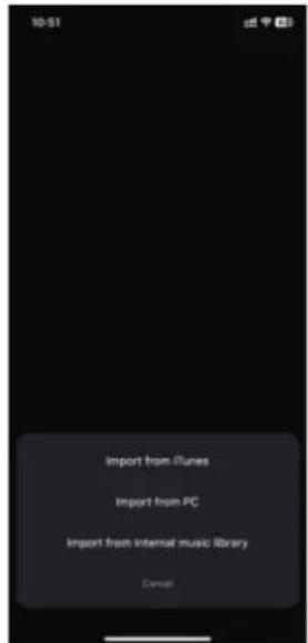 10:51 Import from iTunes Import from PC Import from Internal music library Cancel