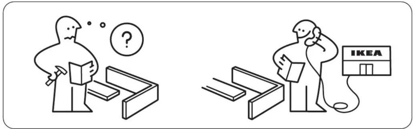 Two cartoon illustrations showing a person examining a laptop and another holding a tablet, with one also showing an IKEA store.