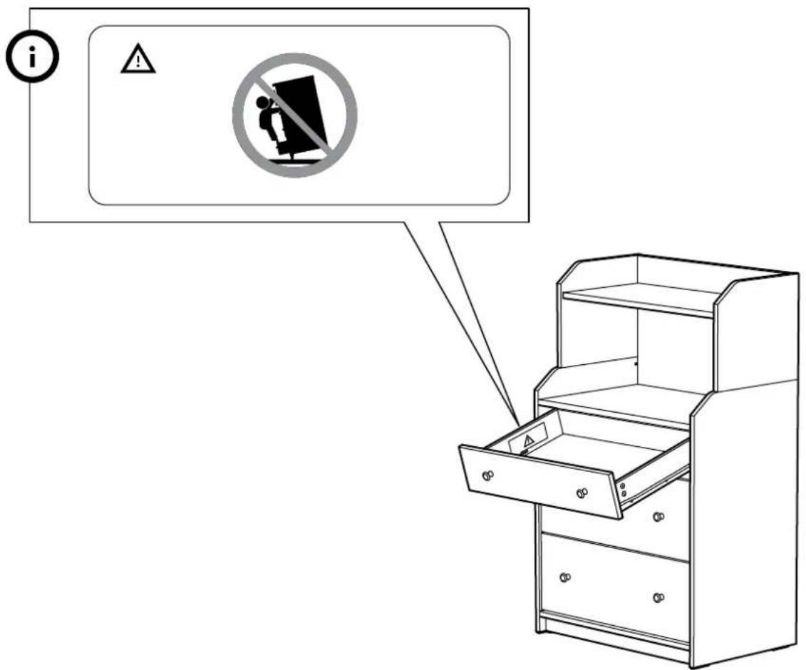Diagram showing a cabinet with an open drawer and a warning sign indicating no liability for use or disposal.