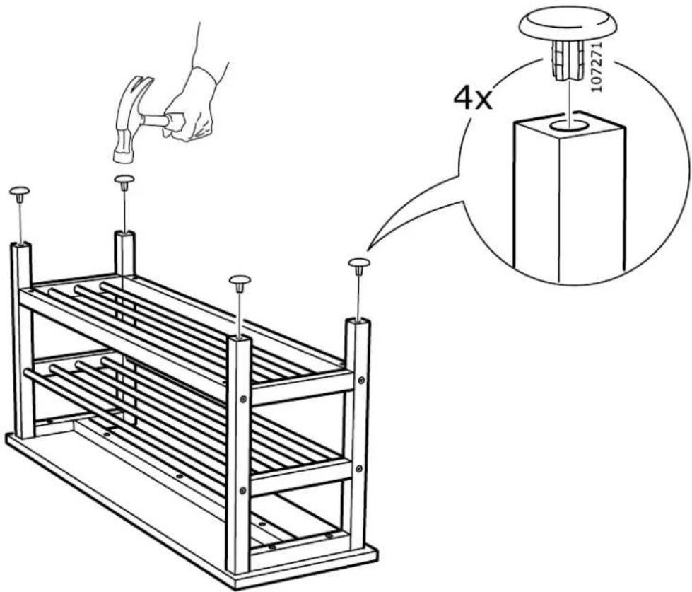 Technical diagram showing a metal rack setup with a hammer and a 4x magnified view of a mechanical component labeled '107271'.