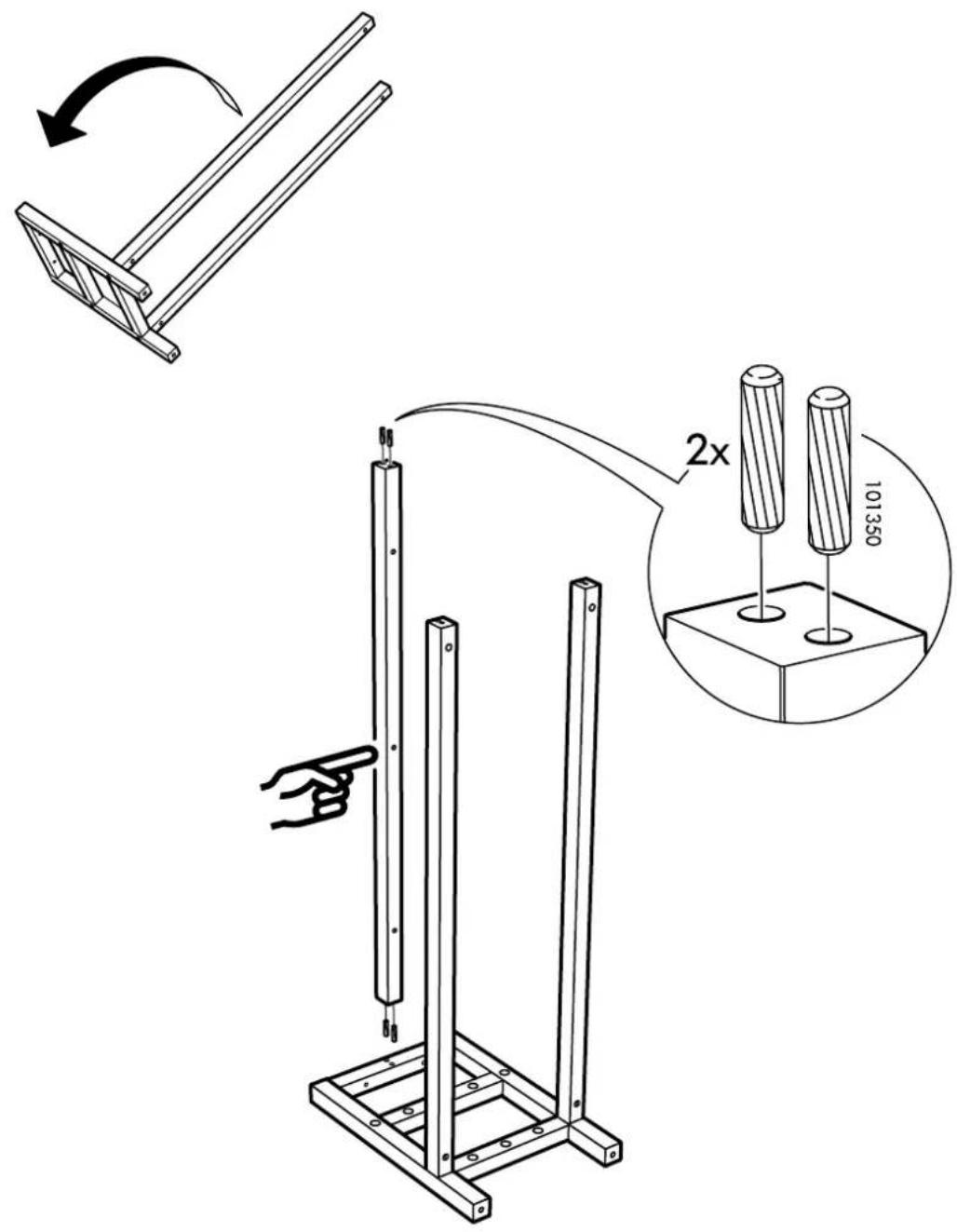 Technical diagram showing a mechanical setup with a hand pointing to a frame structure, annotated with dimensions and a 2x ratio indicator.