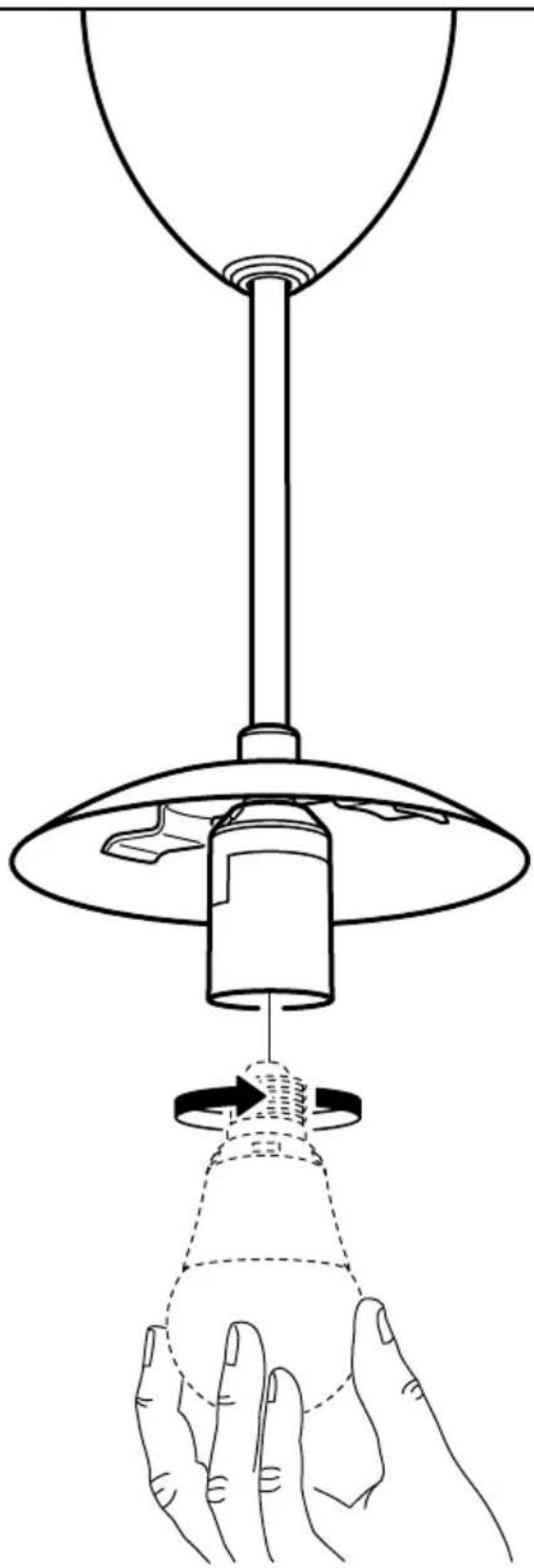 Diagram illustrating a hand holding a hanging lamp with a bell jar, showing the process from top-down to bottom-down.