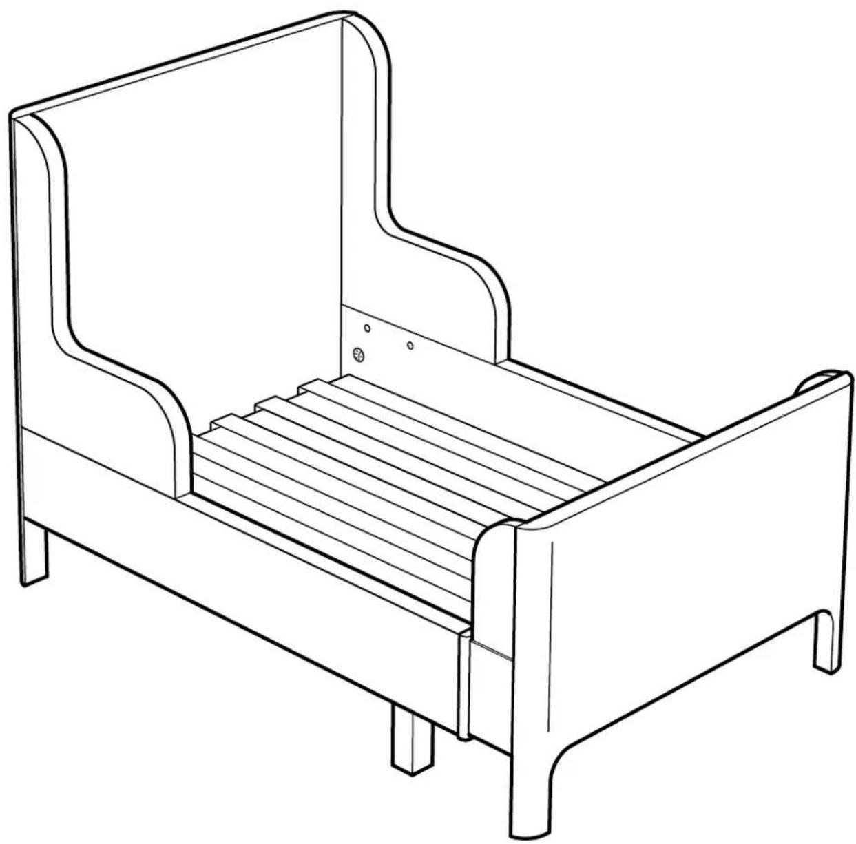 Line drawing of a simple bed with slatted backrest and side legs (no text or symbols)