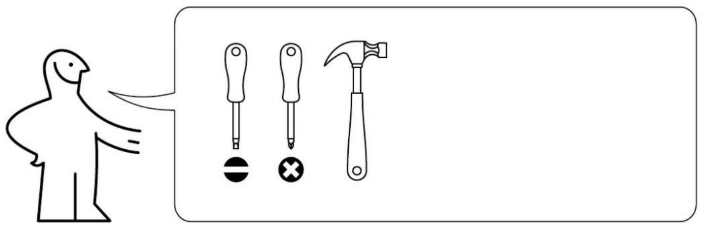 Illustration showing a person pointing to three different tools: screwdriver, hammer, and screwdriver with selection symbols.