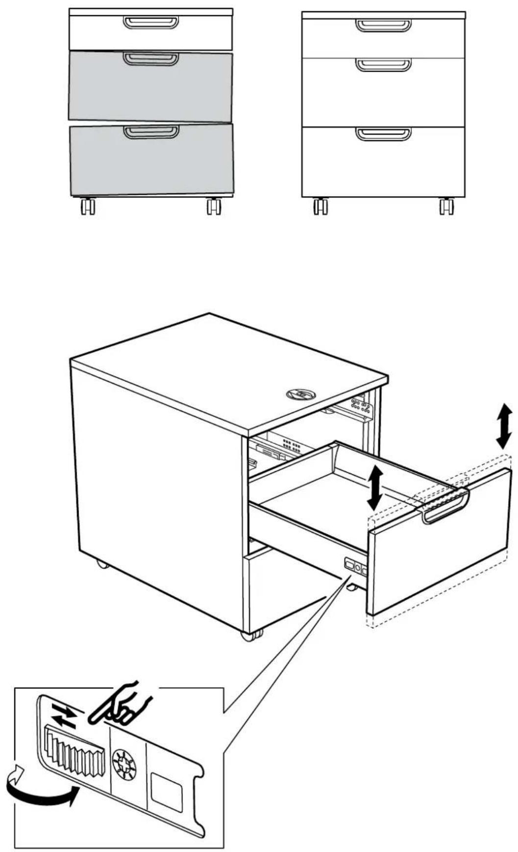 Technical diagram showing a folding cabinet with internal drawer and door, accompanied by a close-up of the interior panel with directional arrows indicating assembly or movement.