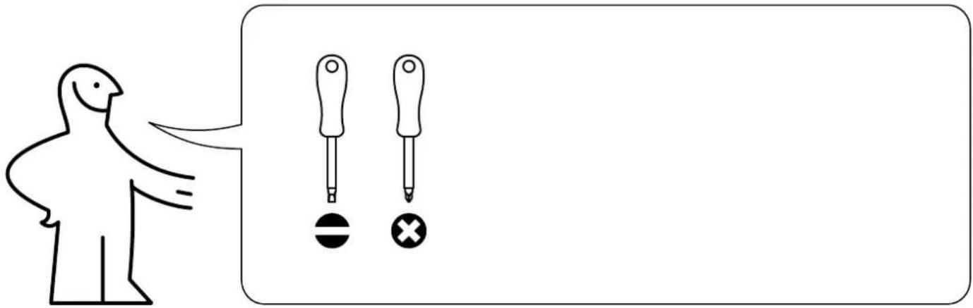 Diagram showing a person pointing to two screwdriver tips with symbols for negative and positive values, likely illustrating a visual or instructional concept.
