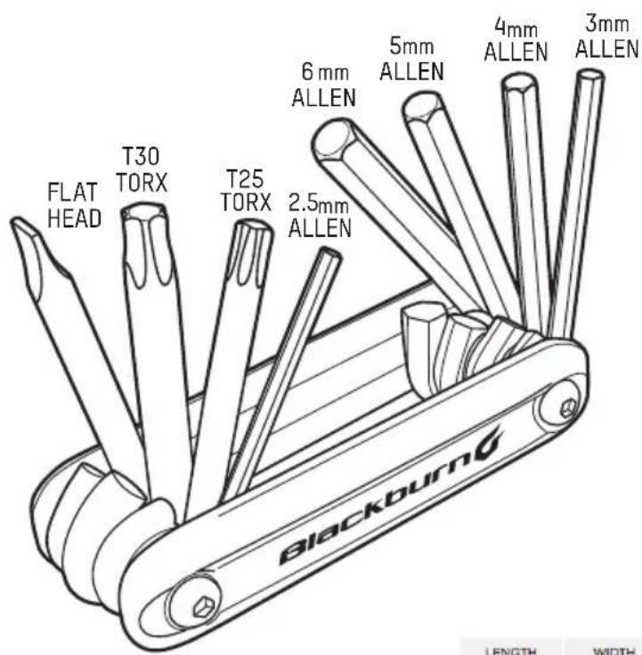 FLAT HEAD T30 TORX T25 TORX 2.5mm ALLEN 6 mm ALLEN 5mm ALLEN 4mm ALLEN 3mm ALLEN BLACKBURN 6 LENGTH WIDTH