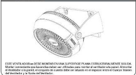 ESTE VENTILADOR BE DEBE MONTAR EN UNA SUPERFICIE PLANA ESTRUCTURALMENTE SOLIDA. Mortar convenciente que las aneda deben ser utilizadas para montar el ventilador a la pane. Al montar el Ventilador a la pane, el conjunto de cuenta debe ser situado en el espasso entre el Cuerpo trazero del Ventilador y la Vunta del Ventilador.
