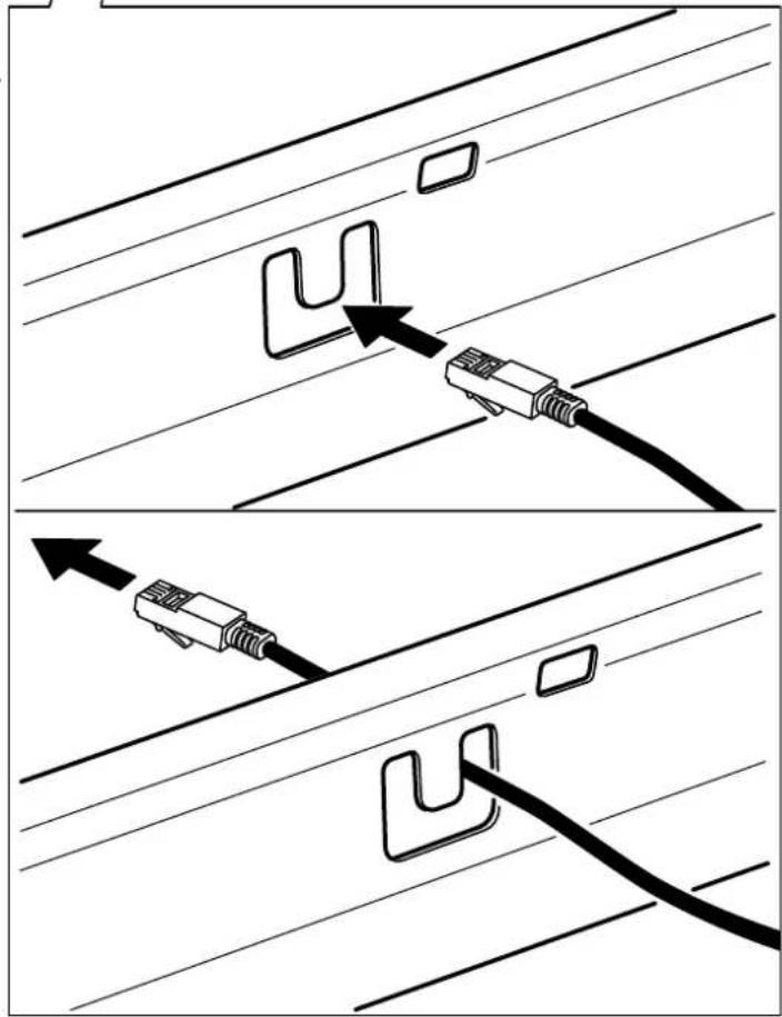 Diagram illustrating cable installation steps with labeled connectors and directional arrows