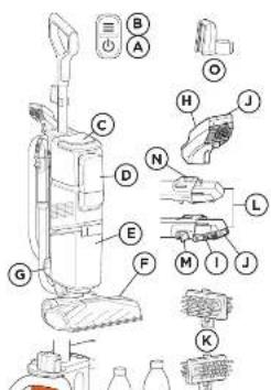 Labeled diagram of a vacuum cleaner with parts numbered A through K and internal components like fuel tanks, valves, and sensors.