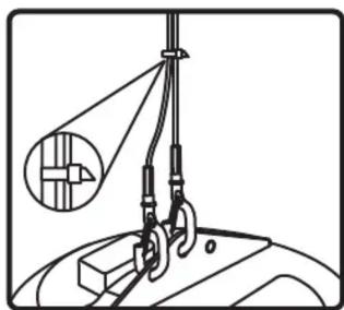 Diagram of a suspended cable or hook system with a magnified inset showing a circular detail (no text or symbols)