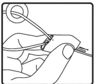 Line drawing of a hand holding a tool with a circular component, no text or symbols present