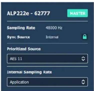 ALP222e - 62777 MASTER Sampling Rate 48000 Hz Sync Source Internal Prioritized Source AES 11 Internal Sampling Rate Application