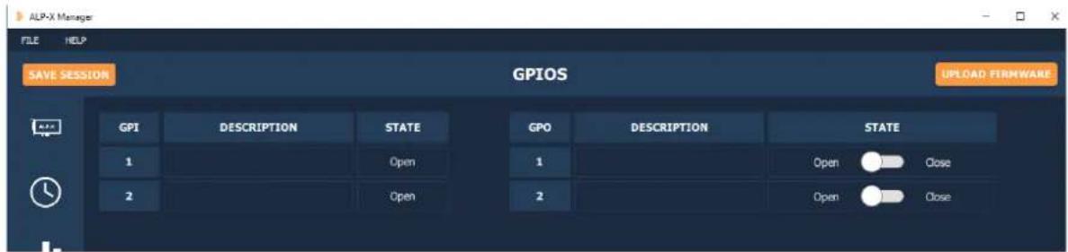ALP-X Manager FILE HELP SAVE SESSION GPIOS USEH FIRMWARE DESCRIPTION STATE 1 Open 2 Open GPO DESCRIPTION STATE 1 Open Close 2 Open Close