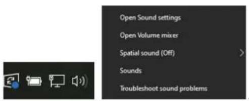 Open Sound settings Open Volume mixer Spatial sound (Off) Sounds Troubleshoot sound problems