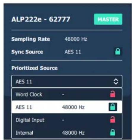 ALP222e - 62777 MASTER Sampling Rate 48000 Hz Sync Source AES 11 Prioritized Source AES 11 Word Clock - AES 11 48000 Hz Digital Input - Internal 48000 Hz