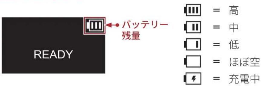READY バッテリー 残量 ■■ ■ = 高 ■■ ■ = 中 ■■ ■ = 低 □ ■ = ほぼ空 ◆ ■ = 充電中
