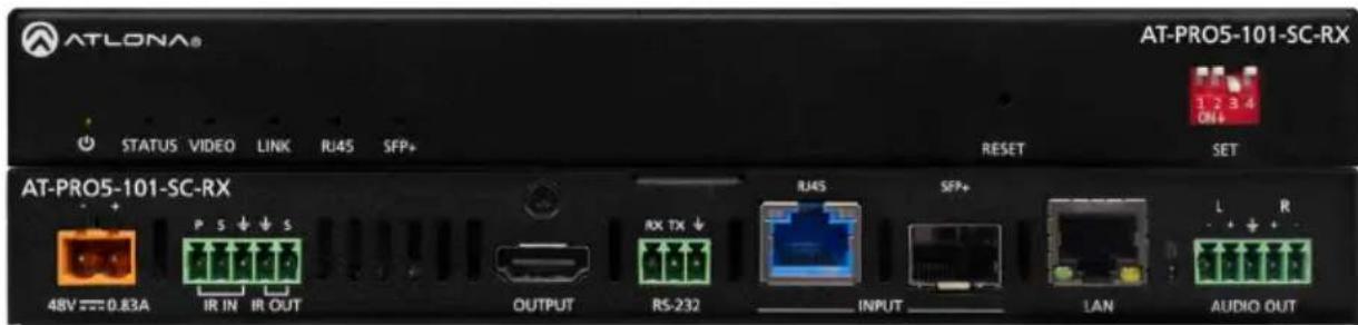 ATLONA® STATUS VIDEO LINK RU4S SFP+ RESET SET AT-PRO5-101-SC-RX P S ↓ ↓ S 48V === 0.83A IR IN IR OUT OUTPUT RX TX ↓ RS-232 INPUT LAN L R AUDIO OUT
