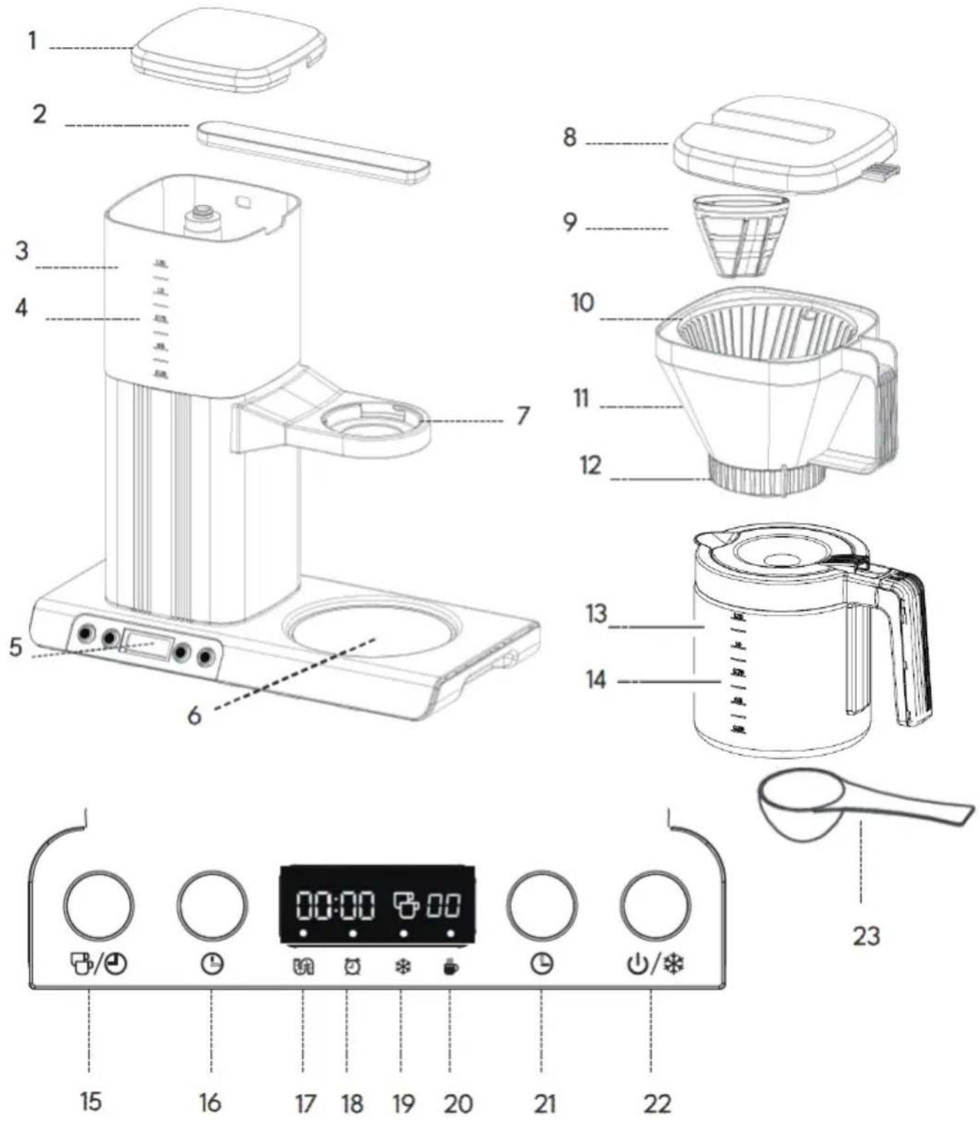 Technical diagram of a coffee maker with numbered parts and control panel for digital display