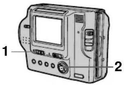 Diagram of a digital camera with labeled parts 1 and 2, showing front panel, screen, and keypad components.