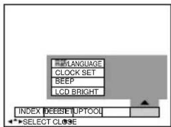 LANGUAGE CLOCK SET BEEP LCD BRIGHT INDEX DEESE UPTOOL SELECT CLOSE