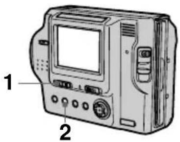 Diagram of a digital camera with labeled parts 1 and 2, showing front panel, screen, and control buttons.