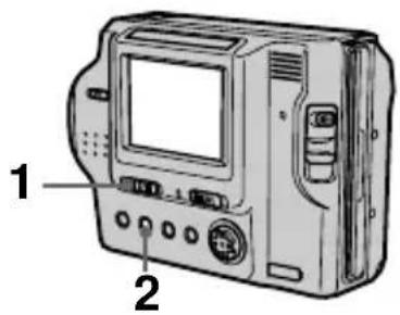 Diagram of a digital camera with labeled parts 1 and 2, showing front panel, screen, and control buttons.