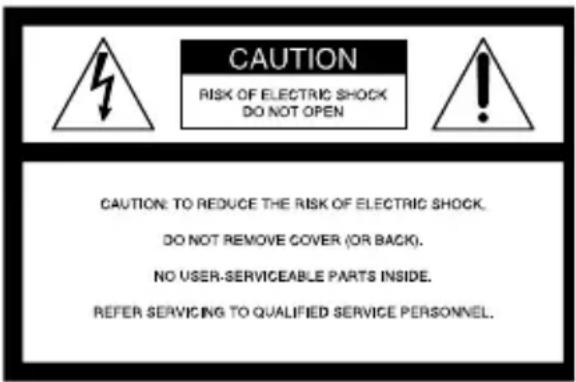 CAUTION RISK OF ELECTRIC SHOCK DO NOT OPEN CAUTION: TO REDUCE THE RISK OF ELECTRIC SHOCK. DO NOT REMOVE COVER (OR BACK). NO USER-SERVICEABLE PARTS INSIDE. REFER SERVICING TO QUALIFIED SERVICE PERSONNEL.