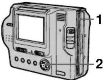 Diagram of a digital camera with labeled parts 1 and 2, showing front, back, and screen views.