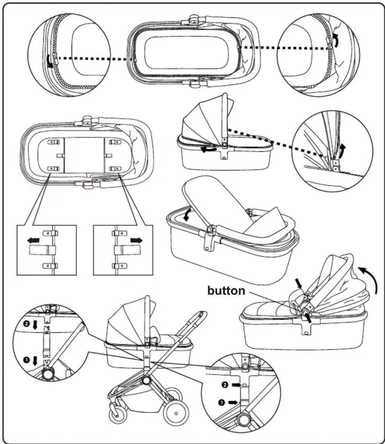 Technical diagram illustrating the assembly of a baby stroller with labeled parts and directional arrows indicating motion.