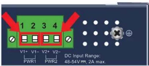 1 2 3 4 V1+ V1- V2+ V2- PWR1 PWR2 DC Input Range: 48-54V=, 2A max.