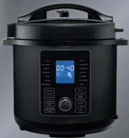 Black rice cooker with digital display and control buttons (no visible text or symbols)