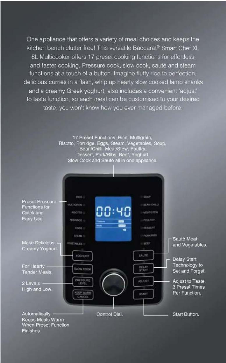 One appliance that offers a variety of meal choices and keeps the kitchen bench clutter free! This versatile Baccarat® Smart Chef XL 8L Multicooker offers 17 preset cooking functions for effortless and faster cooking. Pressure cook, slow cook, sauté and steam functions at a touch of a button. Imagin…