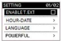 SETTING 01/02 ENABLE TEXT HOUR-DATE > LANGUAGE > POWERFUL >