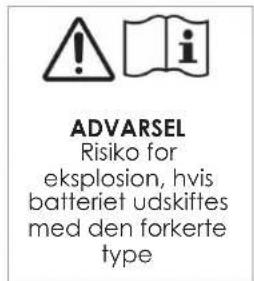ADVARSEL Risiko for eksplosion, hvis batteriet udskiftes med den forkerte type