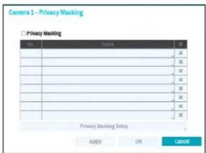 Camera 1 - Privacy Masking □ Privacy Masking No. Term X X X X X X X X X X X X X X Privacy Masking Setup Apply OK Cancel