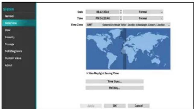 System General AutoTime Date 98-12-2019 Format Time PM 04:20:46 Format Time Zone GMT Greenwich Mean Time Dublin, Edinburgh, London, London Use Daylight Saving Time Time Sync... Holiday... Apply OK Cancel
