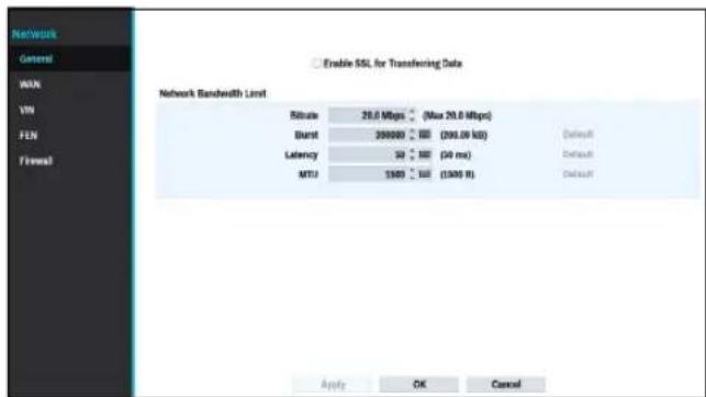 Enable SSL for Transferring Data Network Bandwidth Limit Bitrate 28.0 Mbps (Max 20.0 Mbps) Burst 200000 200.00 kΩ Default Latency 30 50 ms Default MTU 1500 kW (1300 ft) Default Apply OK Cancel