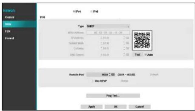 Network Cancel USB FLN Forward IPv6 IPv4 IPv8 Type DHCP MASC Address: 00.00.00.00.00.00.00.00.00.00.00.00.00.00.00.00.00.00.00.00.00.00.00.00.00.00.00.00.00.00.00.00.00.00.1 IP Address: 0,966,9 Password Mask: 0,966,9 Authentication: 0,966,9 DNS Server: 8,966,9 Test Auto Remote Port: 9618 222 (1924 - 8635) Use UPv6P Status Ping Test... Apply OK Cancel