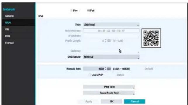 Network General WAN VIN FCN Ferrell IPv4 0 IPv6 IPv6 Type Link-local MAO Address 80: 81: 82: 103: 105: 87 IP Address Prefix Length 0 000 10 = 1245 Subway DNS Server NTBLS2 Remote Port M01E 000 (100% - 69938) Default Use UPnP Status Ping Text Trans Route Test Apply OK Cancel