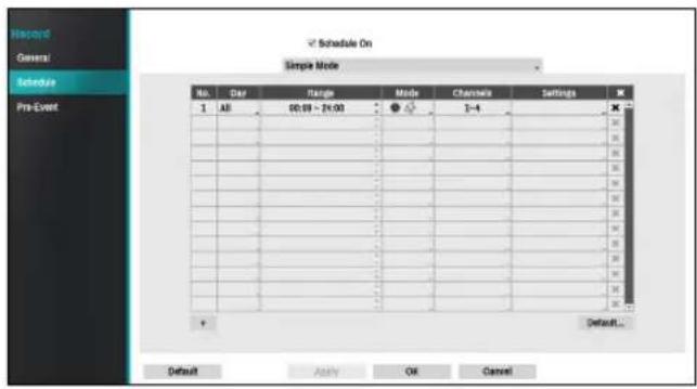 Schedule On Simple Mode No. Date Range Mode Channels Settings 1 AB 00:00 - 24:00 1-4 Default Apply OK Cancel