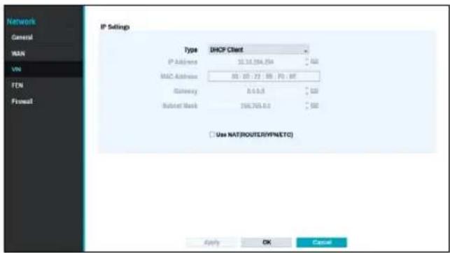 Network General MAIN VIN FTP Frontset IP Settings Type DHCP Client IP Address 10.14.084.094 600 MAC Address 85 00 73 98 P2 8F Subnet Mask 0.6.0.8 600 Subnet Mask 266.763.6.1 600 □ Use NATSROUTER(NYPNETC) Apply OK Cancel