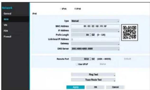 Network General WIN VPN FEN Fireout IPv6 IPv6 Type Manual MAC Address 06:03:22:58:19:6F IP Address Profile Length 84 (0 - 128) Link-local IP Address Gateway DNS Server 2001:4882:4882::0000 Remote Port 8018 (1004 - 95535) Default Use UPnP Start Ping Test Trace Route Test Apply OK Cancel