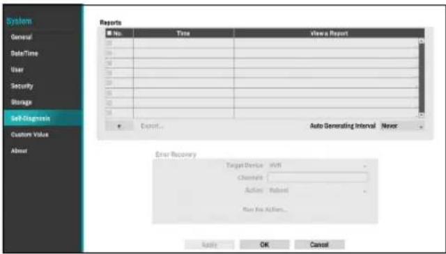 Systems General DateTime User Security Storage Self-Diagnosis Custom Value About Reports No. Time View a Report Export Auto Generating Interval Never Error Recovery Target Device: Wi-Fi Channels: Action: Reused Run No Action... Apply OK Cancel