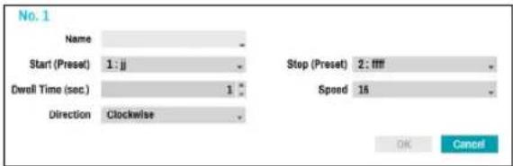 No. 1 Name Start (Preset) 1: jj Dwell Time (sec.) 1 Direction Clockwise Stop (Preset) 2: llll Speed 15 OK Cancel